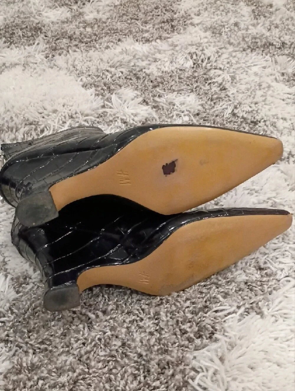 H&M Black Croc-Embossed Pointed Ankle Booties with Burgundy Lining
